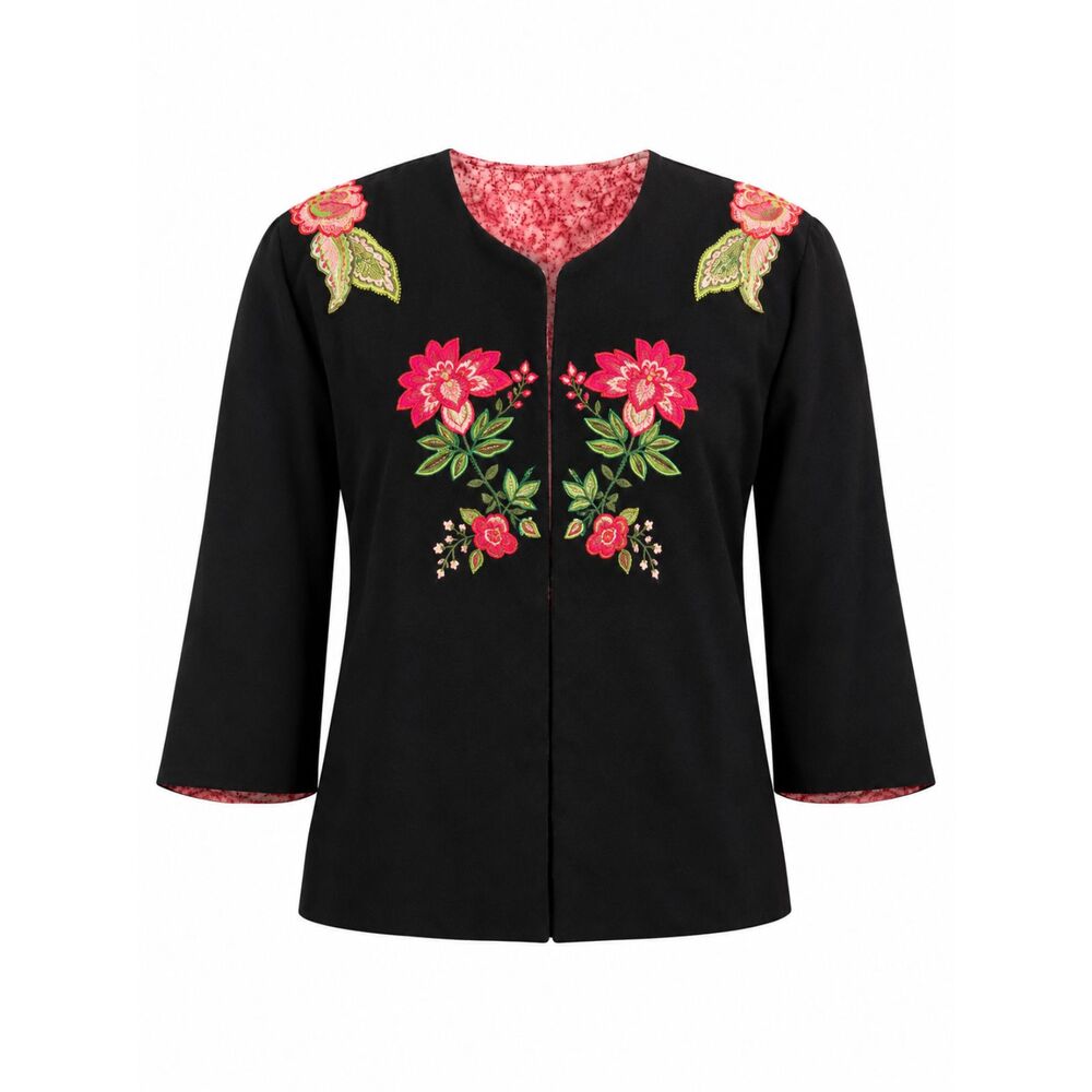 Floral Embroidered Open Front Jacket Black Pink Reversible Look Women's M